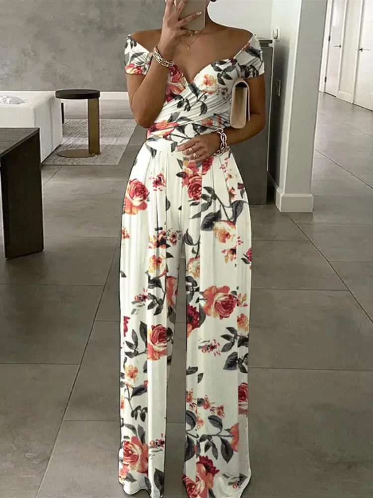 Women New Printed One Shoulder High Waist Short Sleeves Wide Leg Long Pants Slim Jumpsuit