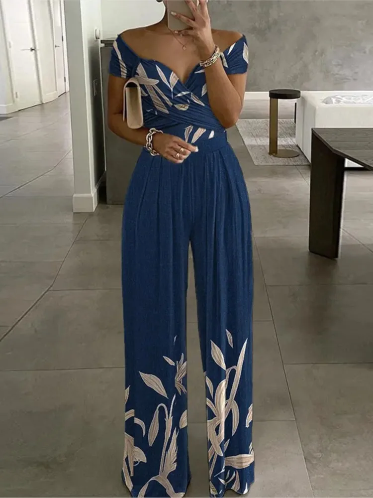 Women New Printed One Shoulder High Waist Short Sleeves Wide Leg Long Pants Slim Jumpsuit