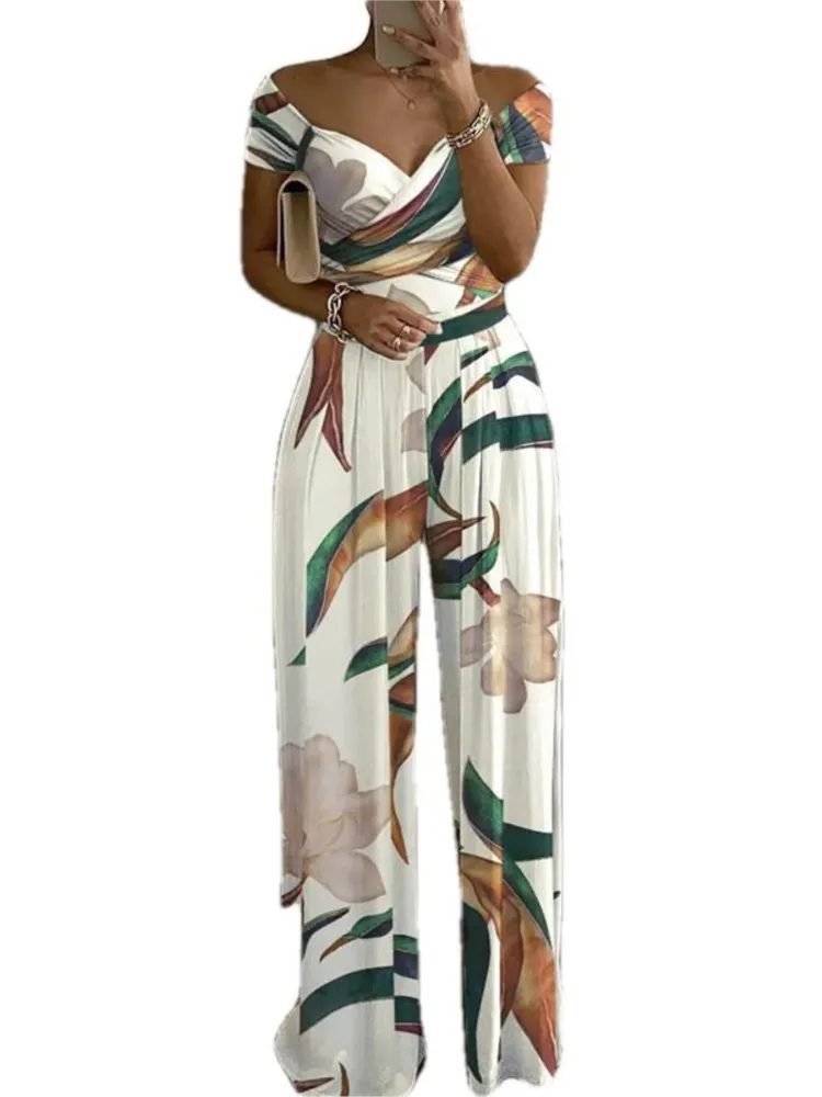 Women New Printed One Shoulder High Waist Short Sleeves Wide Leg Long Pants Slim Jumpsuit