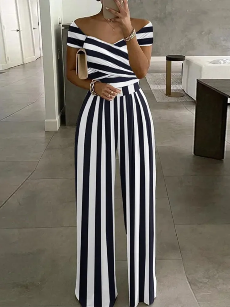 Women New Printed One Shoulder High Waist Short Sleeves Wide Leg Long Pants Slim Jumpsuit