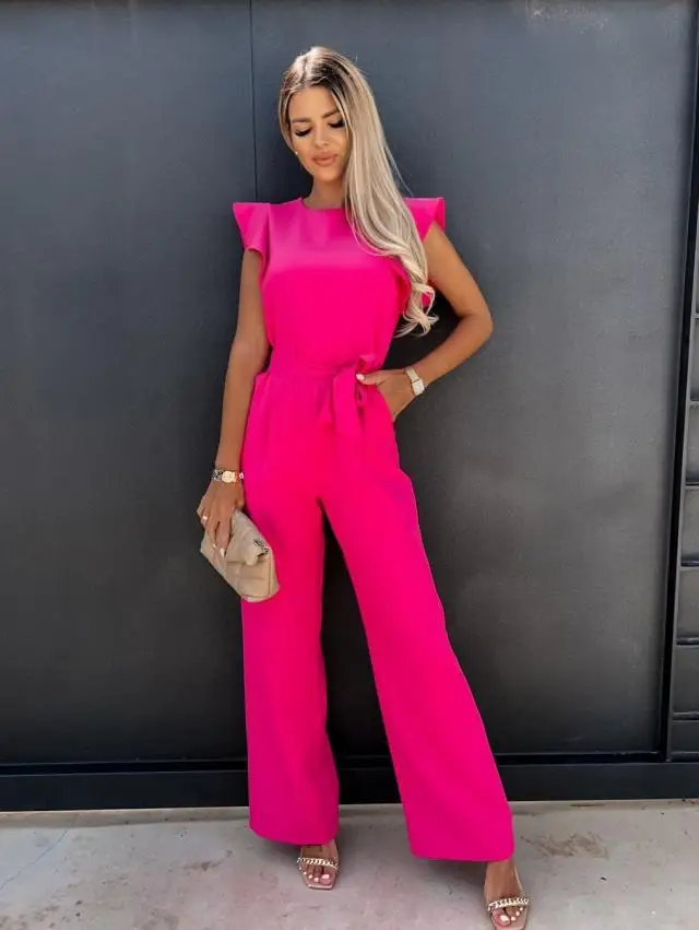 Women's Jumpsuits Casual O-neck Ruffles Belt Ladies Wide Leg Playsuits Elegant Overalls