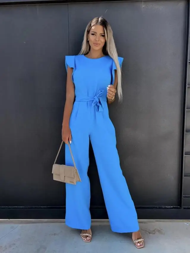 Women's Jumpsuits Casual O-neck Ruffles Belt Ladies Wide Leg Playsuits Elegant Overalls