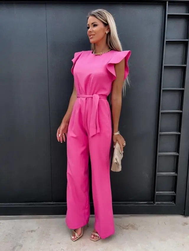 Women's Jumpsuits Casual O-neck Ruffles Belt Ladies Wide Leg Playsuits Elegant Overalls