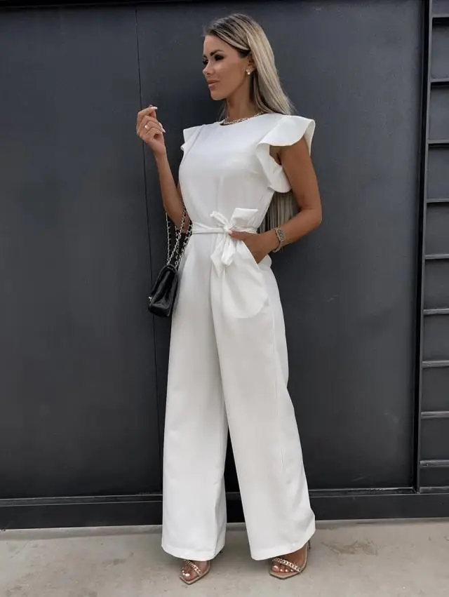 Women's Jumpsuits Casual O-neck Ruffles Belt Ladies Wide Leg Playsuits Elegant Overalls