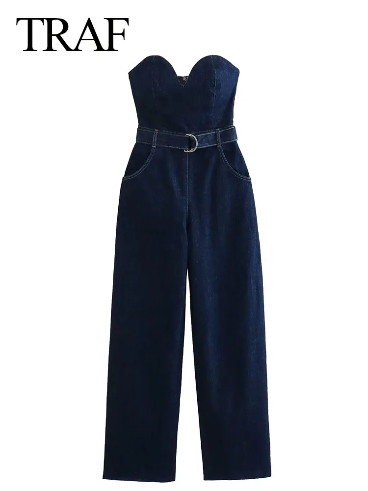 Women Fashion Denim Off Shoulder Corset Blue Casual Long Jumpsuits Streetwear Overalls Backless Jean