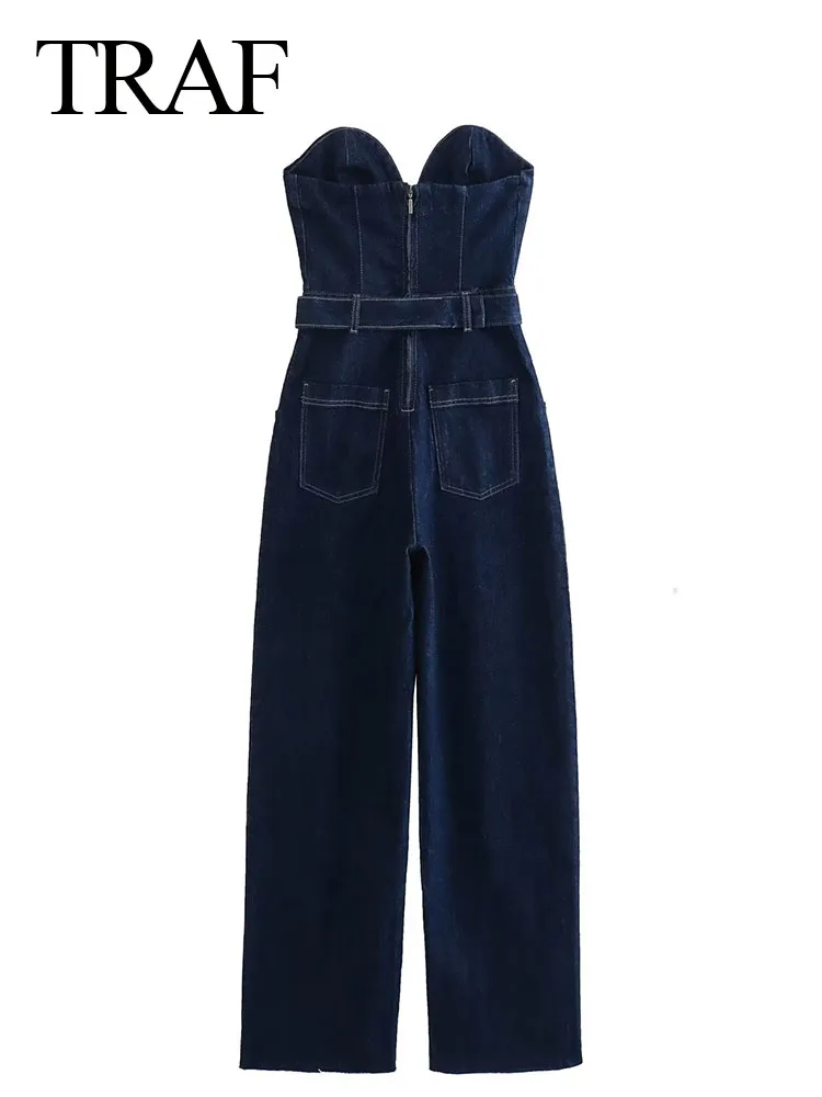 Women Fashion Denim Off Shoulder Corset Blue Casual Long Jumpsuits Streetwear Overalls Backless Jean