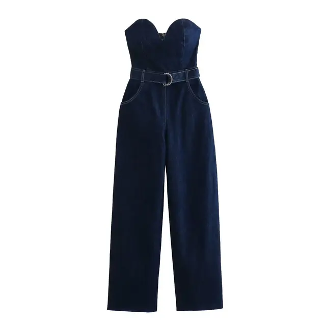 Women Fashion Denim Off Shoulder Corset Blue Casual Long Jumpsuits Streetwear Overalls Backless Jean