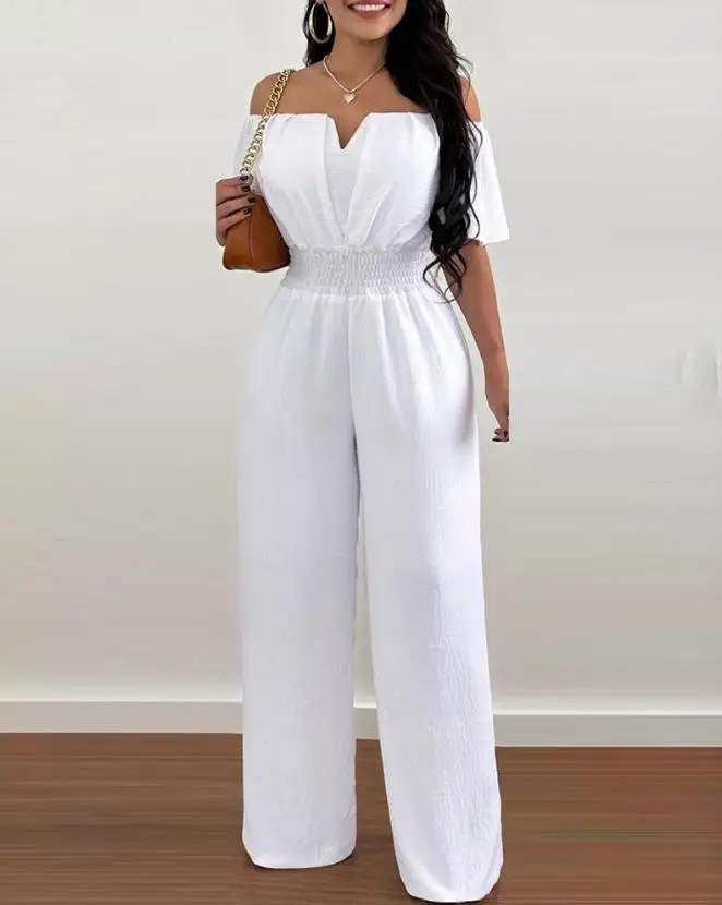 Women Fashion Off Shoulder Casual Plain Short Sleeve Shirred Waist Daily Long Wide Leg Jumpsuit