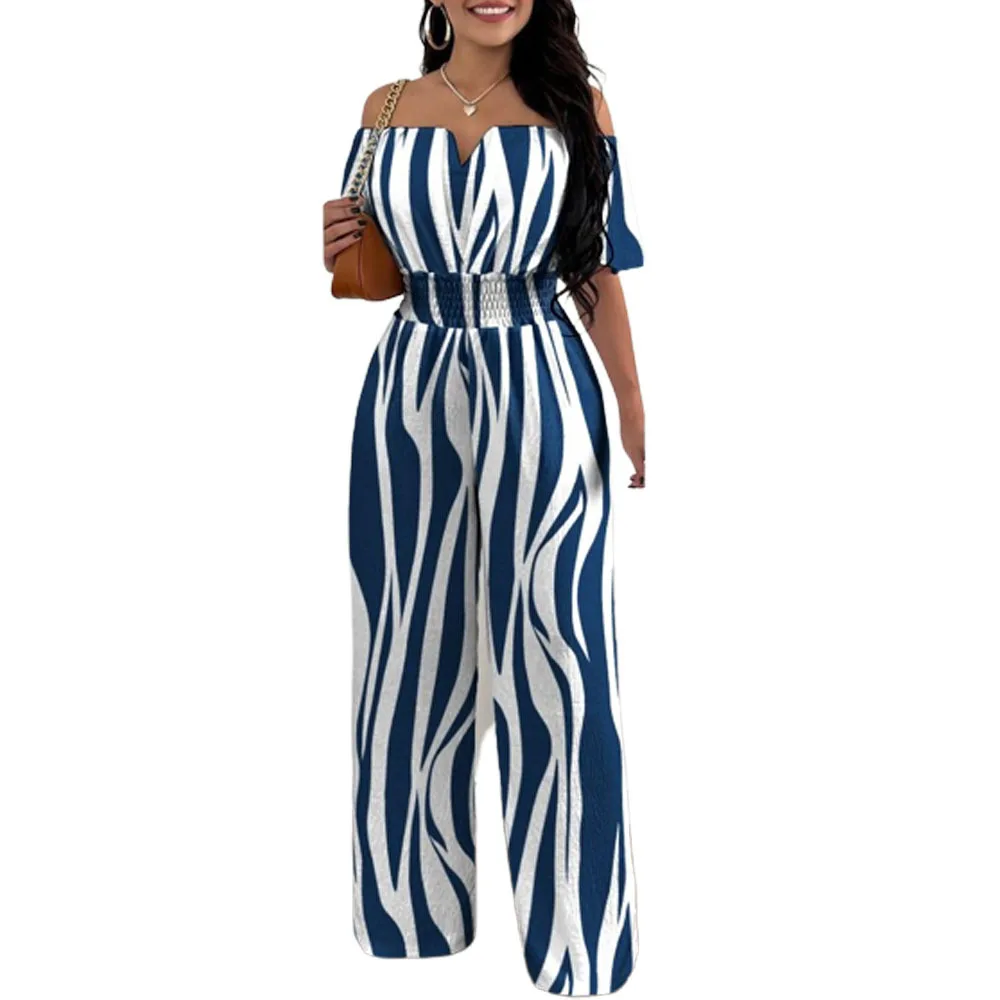 Women Fashion Off Shoulder Casual Plain Short Sleeve Shirred Waist Daily Long Wide Leg Jumpsuit