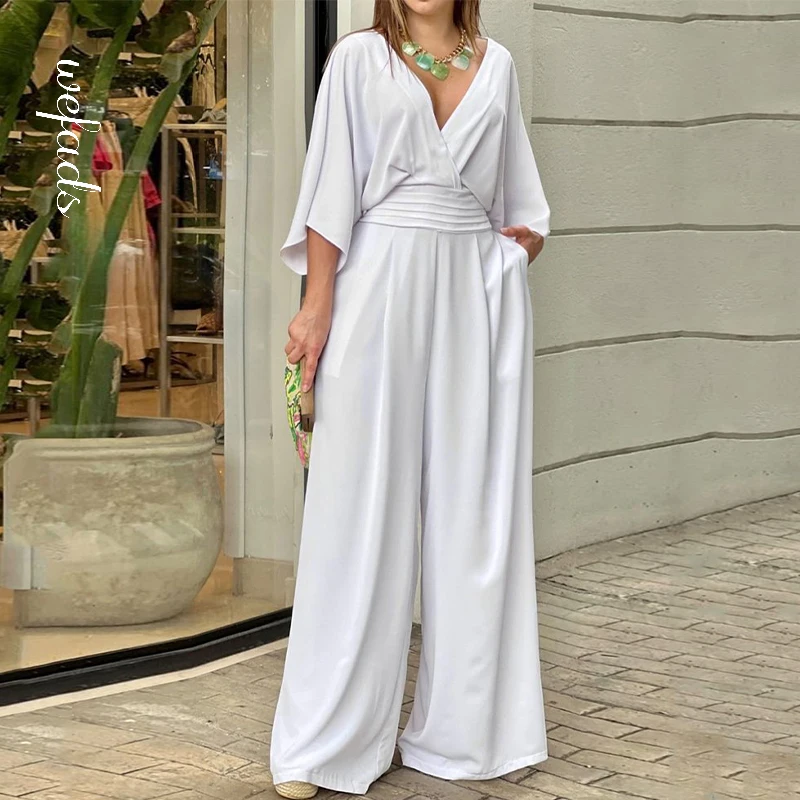 Women Sleeve V Neck Backless Nipped Waist Loose Wide Legs Casual Pants Romper High Streetwear