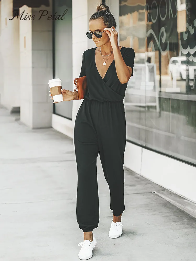 Women V-neck Short Sleeve Jumpsuit Casual Long Jogger Pants Playsuit Overalls Bodysuits Rompers