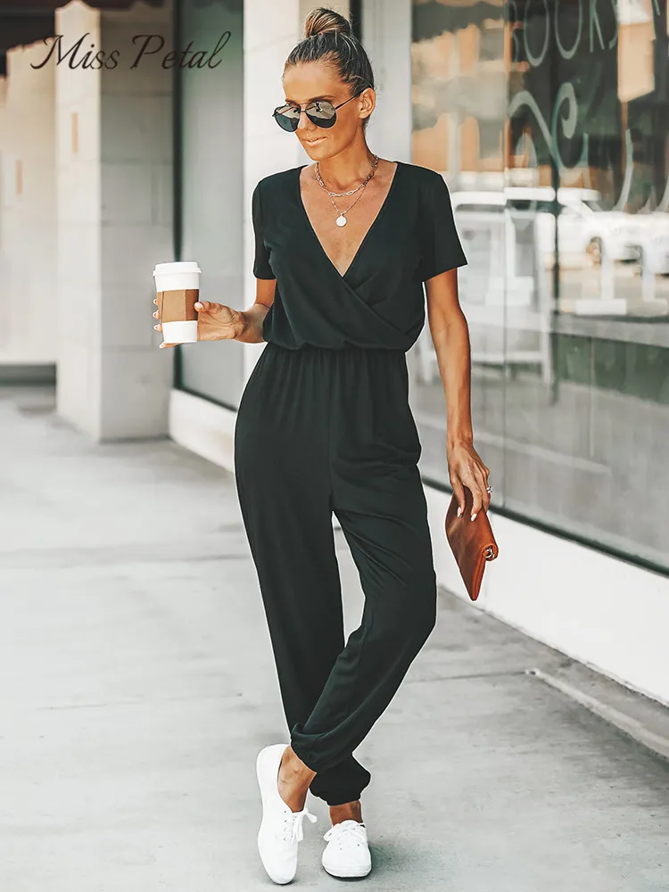 Women V-neck Short Sleeve Jumpsuit Casual Long Jogger Pants Playsuit Overalls Bodysuits Rompers