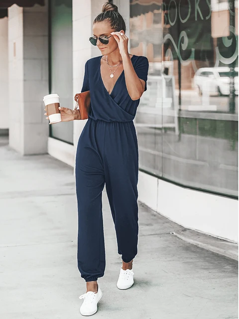 Women V-neck Short Sleeve Jumpsuit Casual Long Jogger Pants Playsuit Overalls Bodysuits Rompers