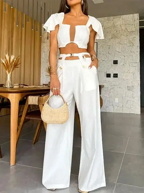 Women Elegant Sexy Bodysuit Backless Round Neck Sleeveless Naked Waist Loose Mop Pants Jumpsuit