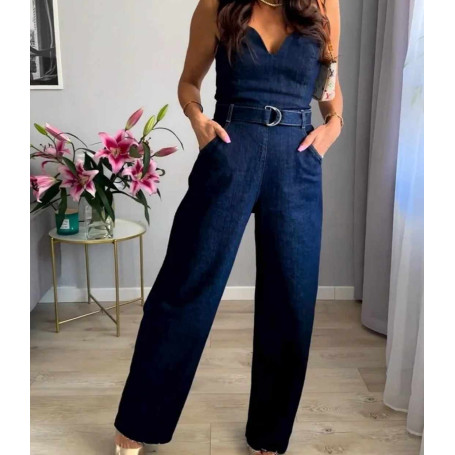 Women Fashion Denim Off Shoulder Corset Blue Casual Long Jumpsuits Streetwear Overalls Backless Jean