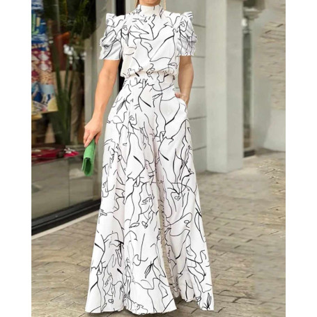 Women Jumpsuit Loose Fashion Elegant Long Pants Short Sleeve Halter neck Art Print Sets High Streetwear