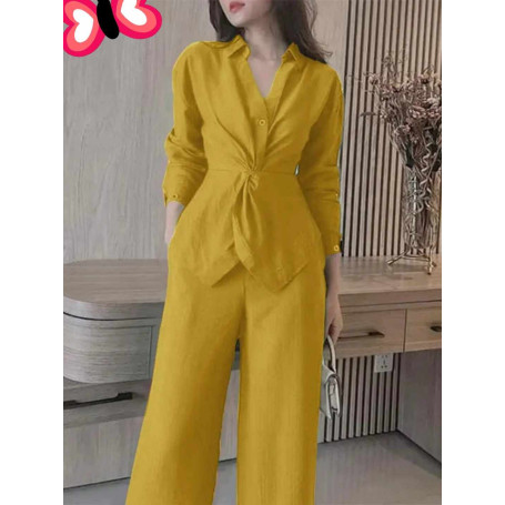 Women Elegant Office Work Matching Sets Wide Leg Trousers Suits Stylish Lapel Neck Long Sleeve Blouse OL Pant Suits