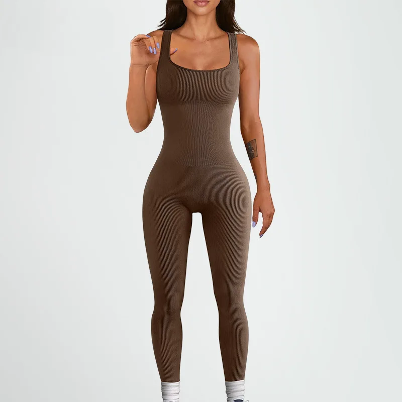 Women Seamless Jumpsuit  Thread High Elasticity Quick Drying Sleeveless Fitness Gym Set