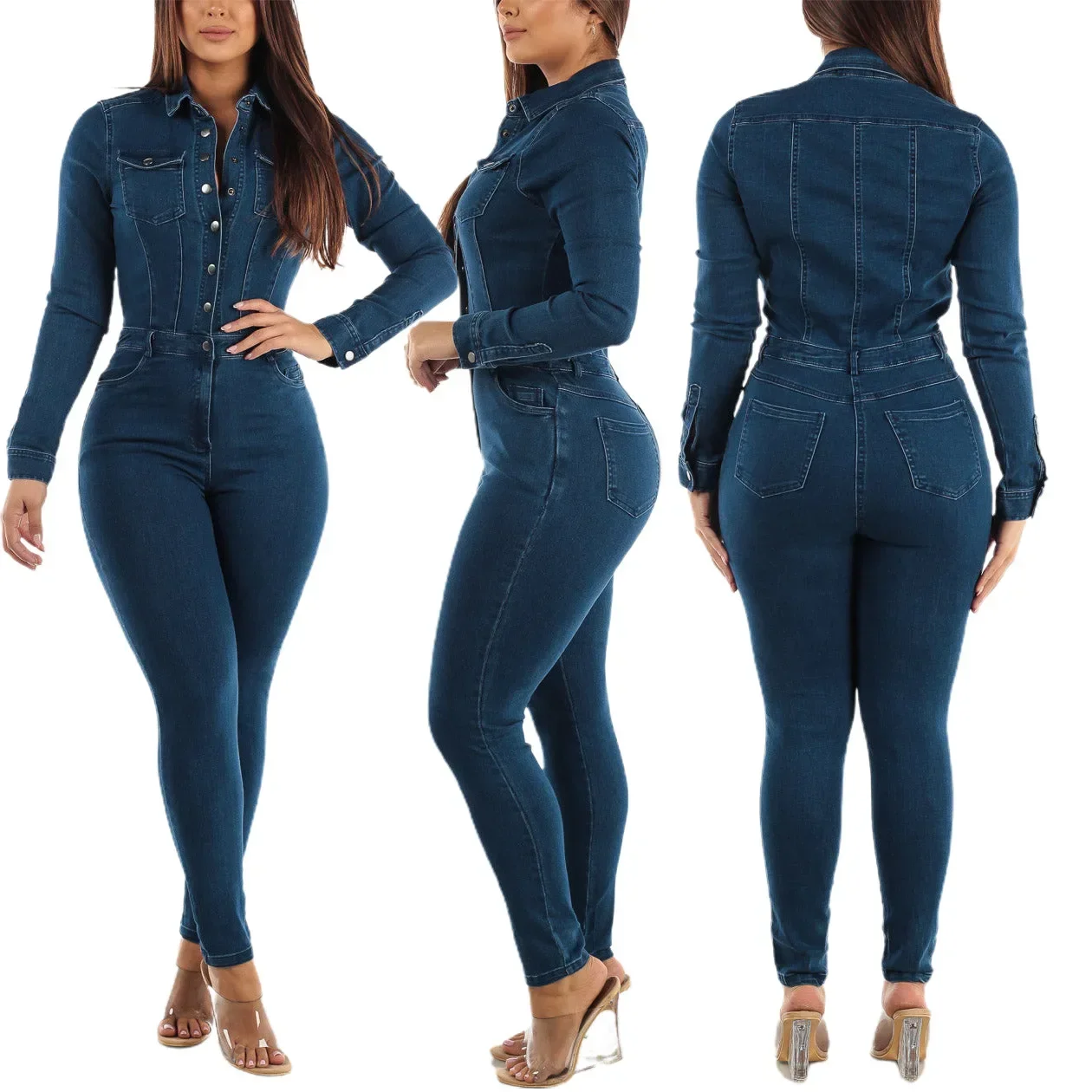 Women Turn Down Collar One Piece Full Sleeve Tight High Waist Overalls Slim Denim Jumpsuits Sheath Long Pants Rompers