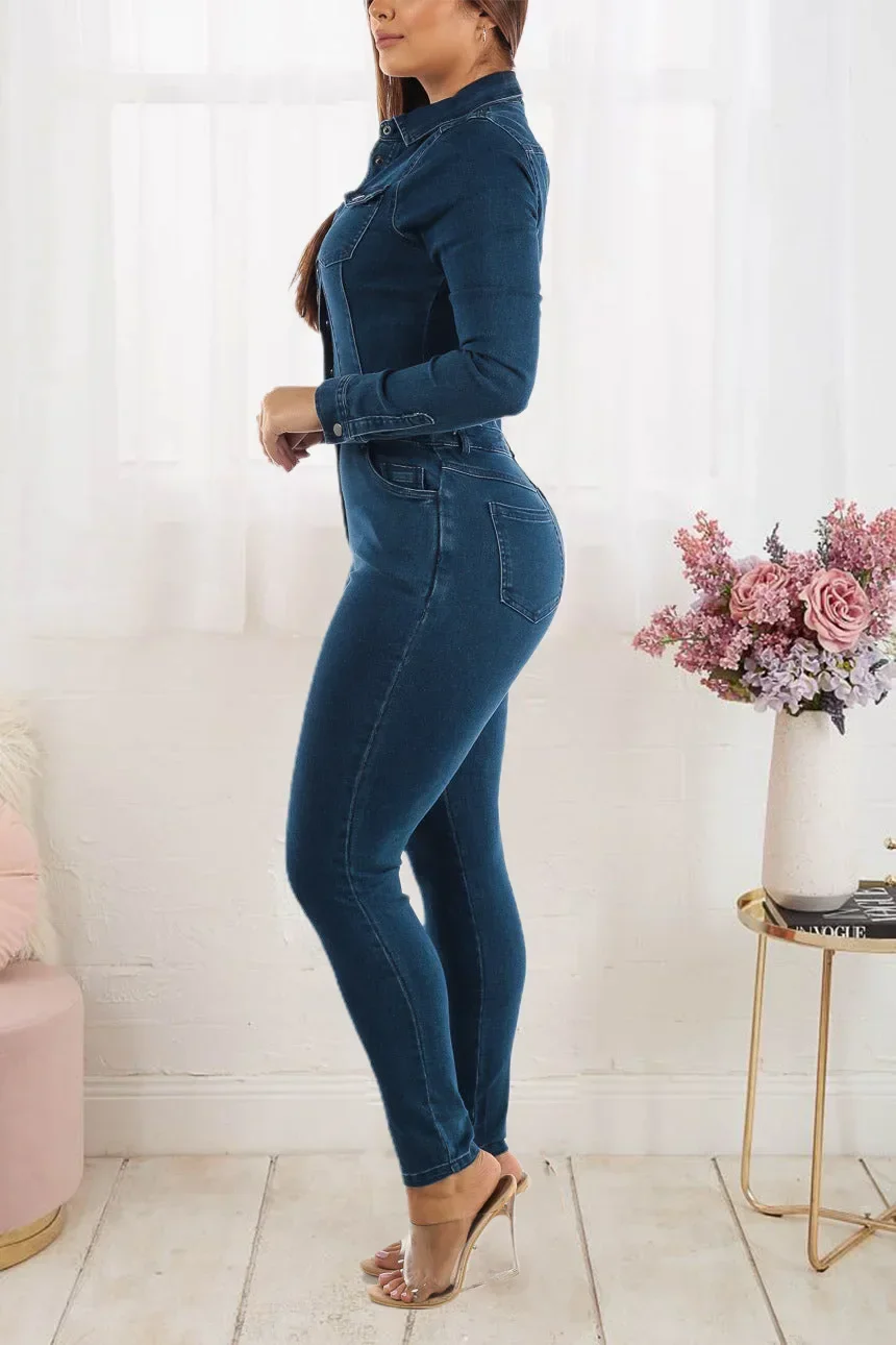 Women Turn Down Collar One Piece Full Sleeve Tight High Waist Overalls Slim Denim Jumpsuits Sheath Long Pants Rompers