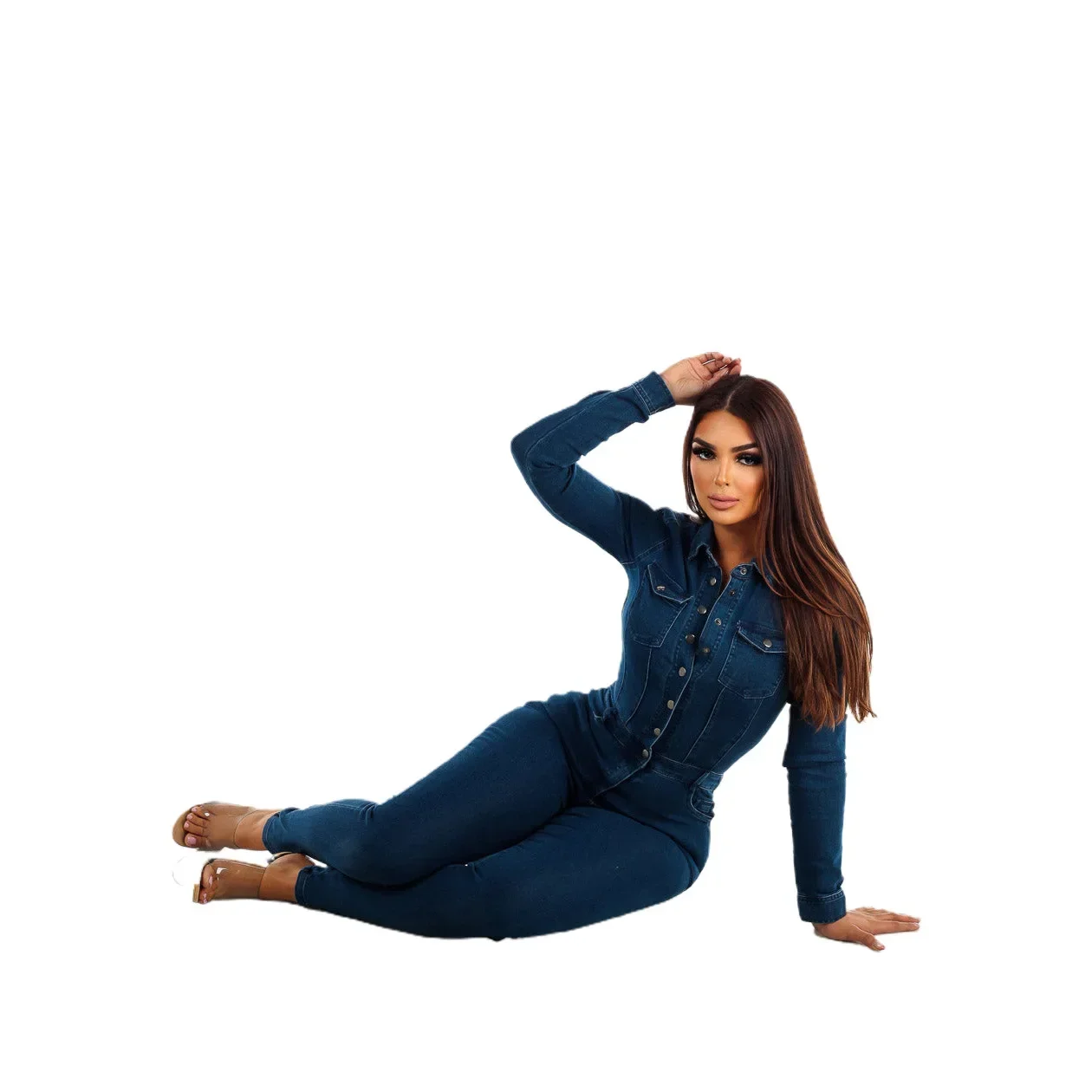 Women Turn Down Collar One Piece Full Sleeve Tight High Waist Overalls Slim Denim Jumpsuits Sheath Long Pants Rompers