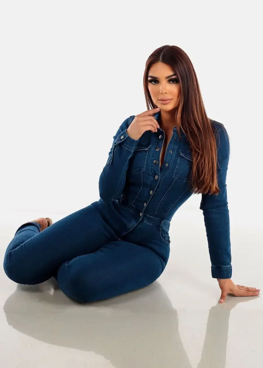 Women Turn Down Collar One Piece Full Sleeve Tight High Waist Overalls Slim Denim Jumpsuits Sheath Long Pants Rompers