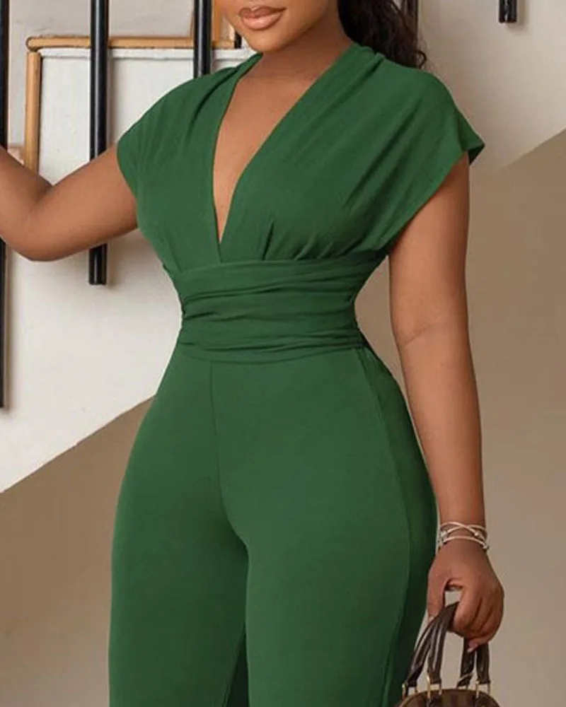 Women Long Wide Leg Criss Cross Tie Back V-neck Short Sleeve High Waist Jumpsuit