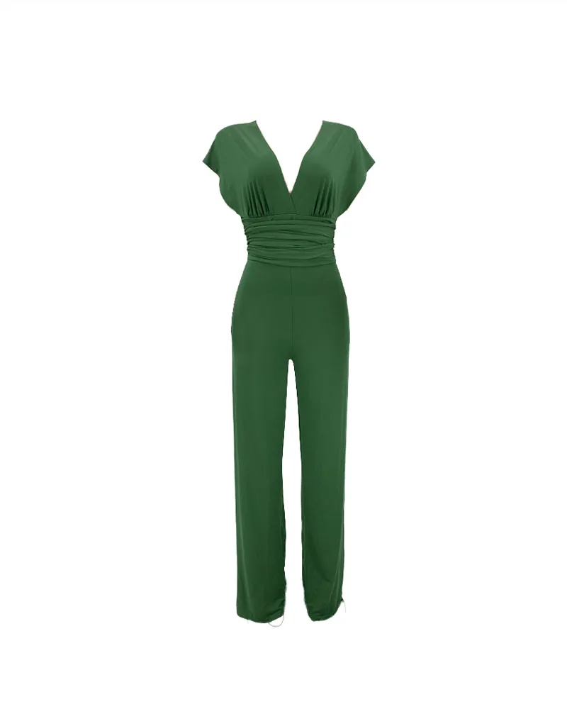 Women Long Wide Leg Criss Cross Tie Back V-neck Short Sleeve High Waist Jumpsuit