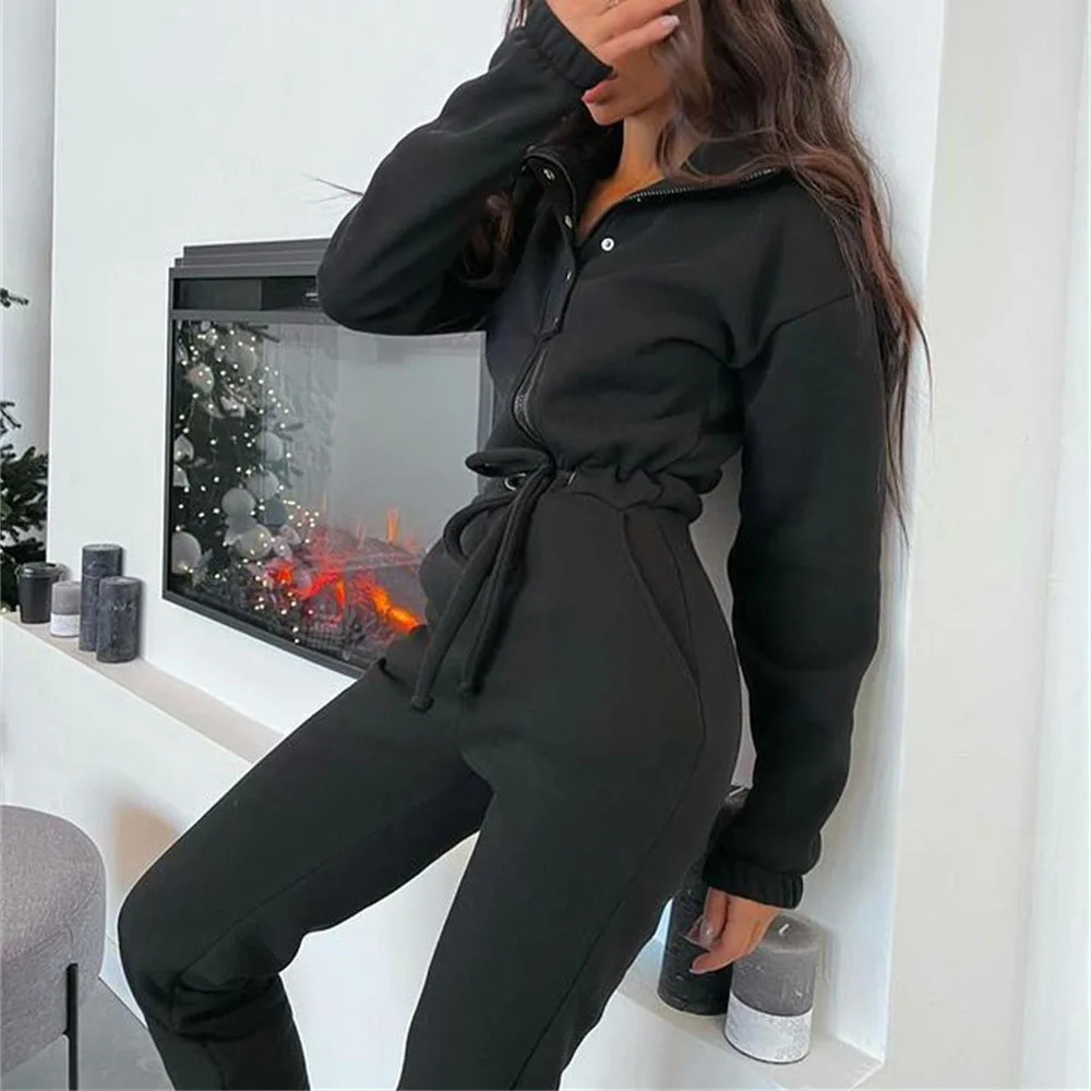 Women Elegant Jumpsuit Long Sleeve One Piece Outfit Warm Romper Overalls Zipper Pocket Playsuit