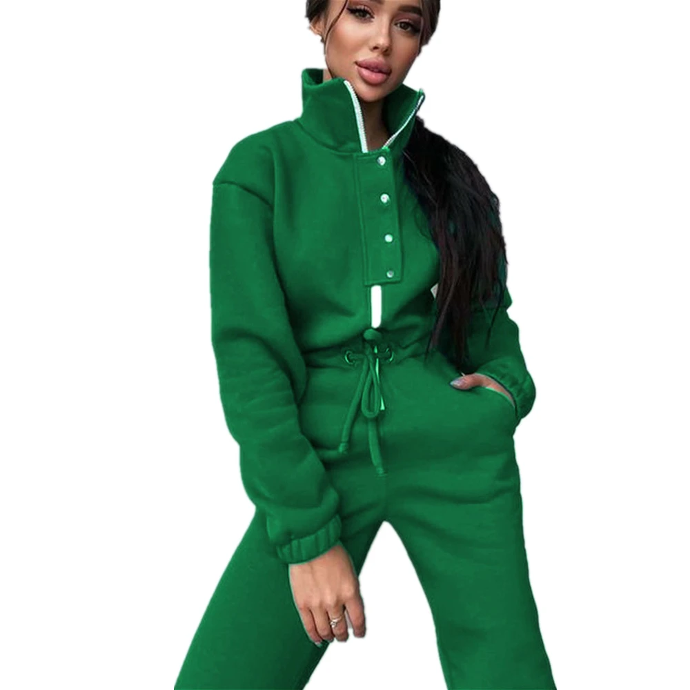 Women Elegant Jumpsuit Long Sleeve One Piece Outfit Warm Romper Overalls Zipper Pocket Playsuit