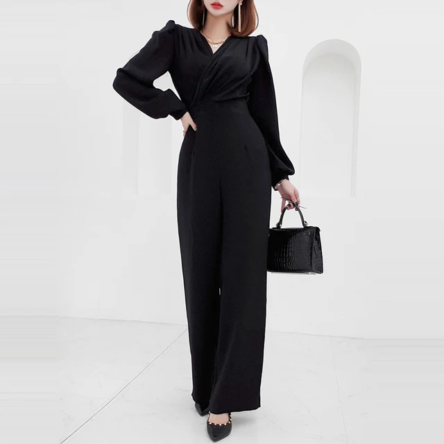 Women V-Neck Wide Leg Trousers Long Playsuits Casual High Waist Rompers