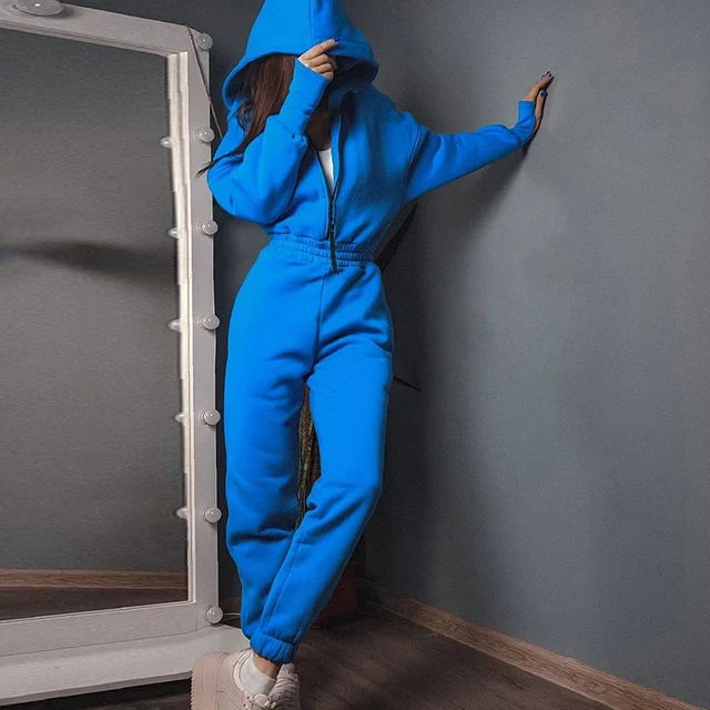 Women Elegant Hoodies Jumpsuit Fashion Long Sleeve One Piece Outfit Warm Overalls Tracksuit