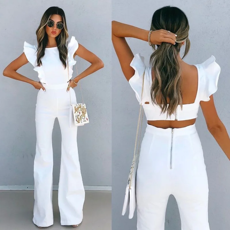 Women Fashion Ruffles Backless Cute Straight Jumpsuit