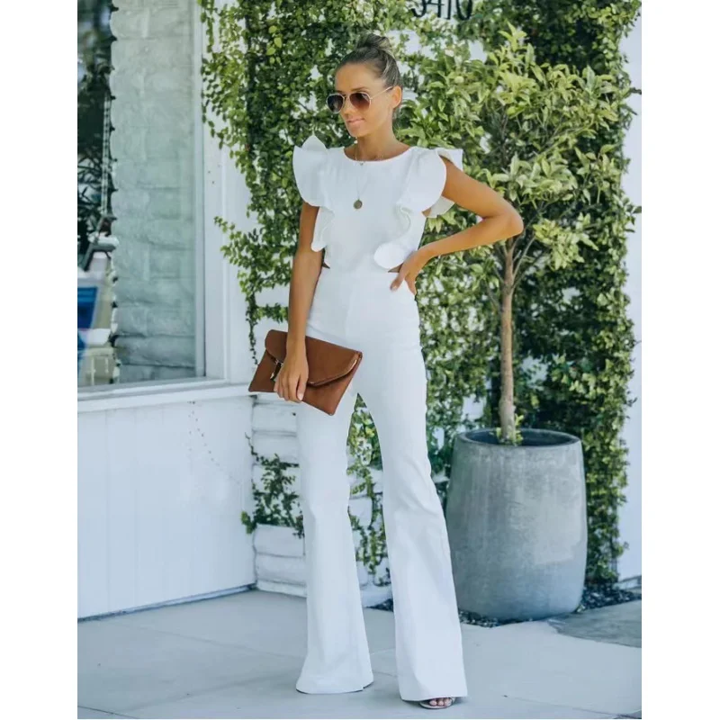 Women Fashion Ruffles Backless Cute Straight Jumpsuit