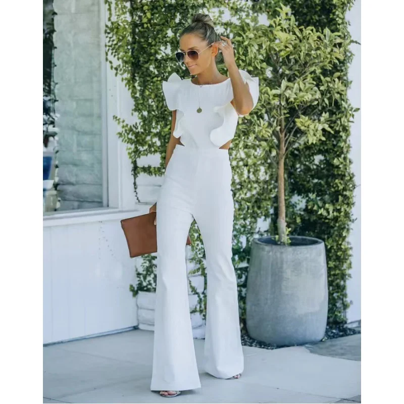 Women Fashion Ruffles Backless Cute Straight Jumpsuit