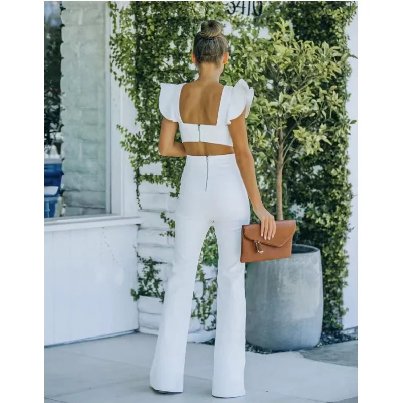 Women Fashion Ruffles Backless Cute Straight Jumpsuit