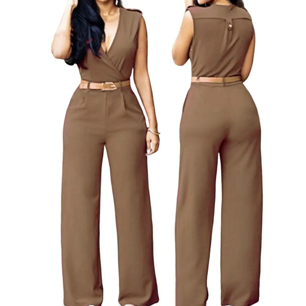 Women Rompers Solid Color Slim Fit Deep V Neck High Waist with Belt Tight Waist Jumpsuit Overalls