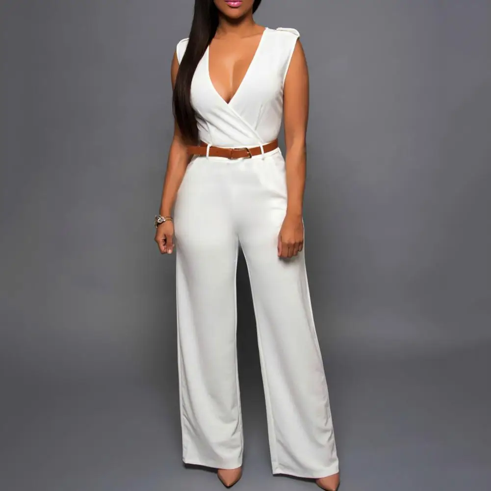 Women Rompers Solid Color Slim Fit Deep V Neck High Waist with Belt Tight Waist Jumpsuit Overalls