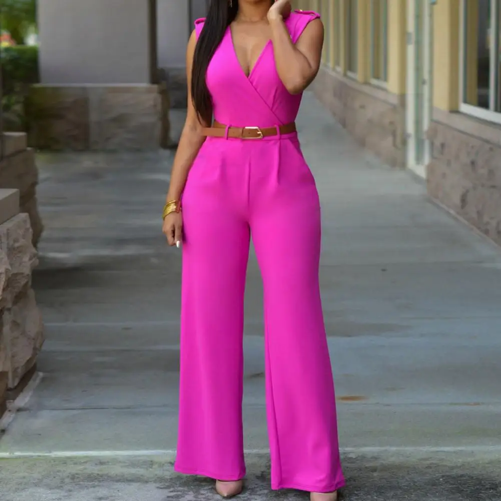 Women Rompers Solid Color Slim Fit Deep V Neck High Waist with Belt Tight Waist Jumpsuit Overalls