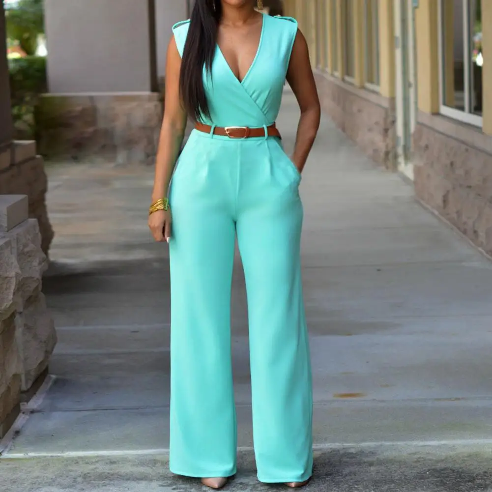 Women Rompers Solid Color Slim Fit Deep V Neck High Waist with Belt Tight Waist Jumpsuit Overalls