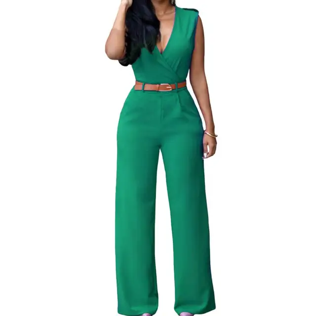 Women Rompers Solid Color Slim Fit Deep V Neck High Waist with Belt Tight Waist Jumpsuit Overalls