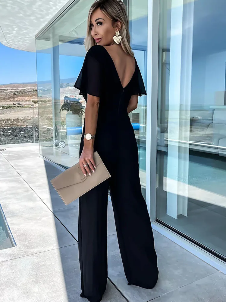 Women Sexy Deep V Neck Short Sleeve Jumpsuit New Solid Color Loose Elegant Wide Leg Pants