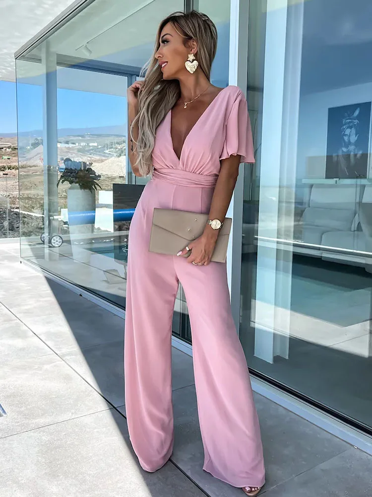 Women Sexy Deep V Neck Short Sleeve Jumpsuit New Solid Color Loose Elegant Wide Leg Pants