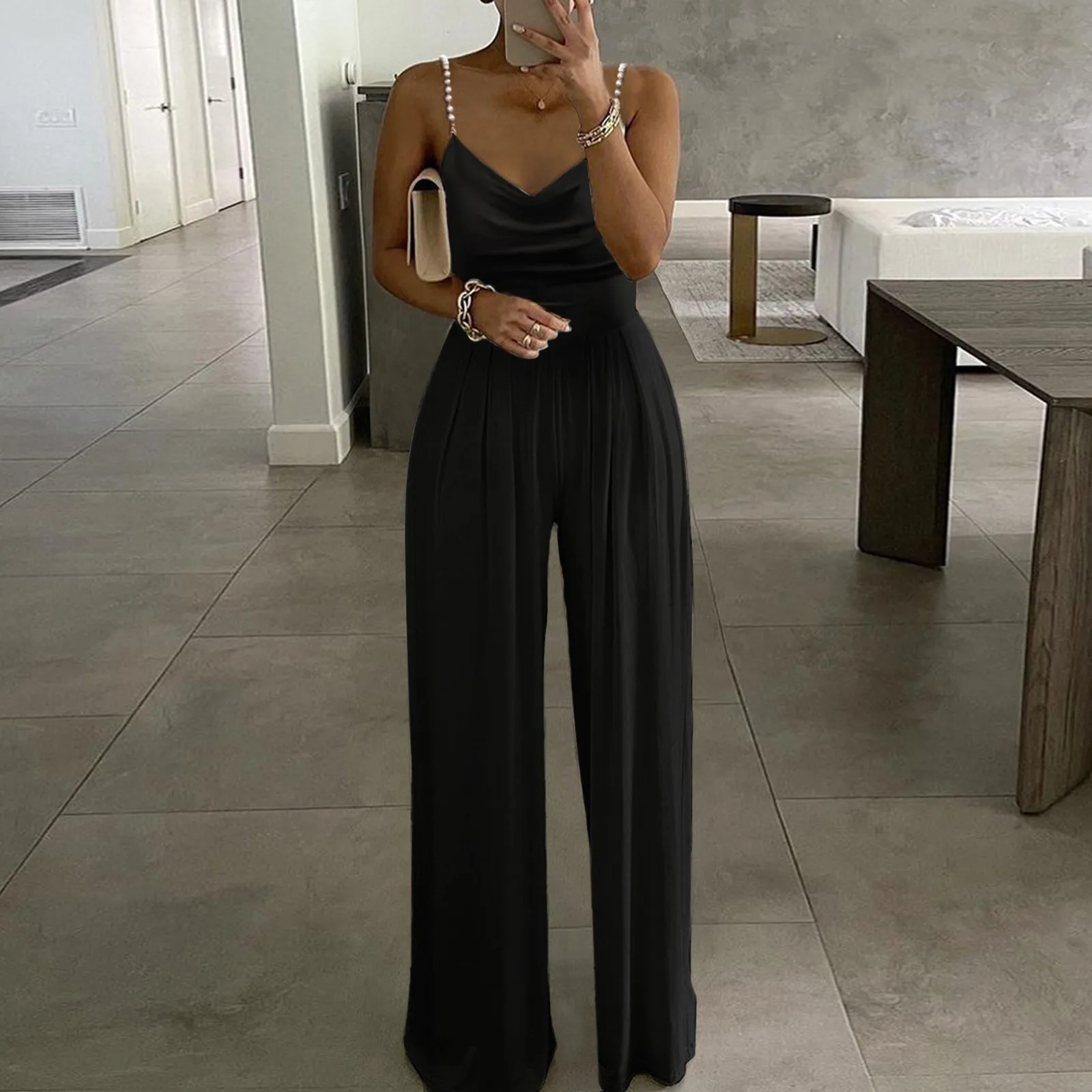 Women Elegant Rompers Sexy Solid Pearl Sling Top Jumpsuits Straps Wide Leg Playsuits Casual V-Neck Overall Bodysuit