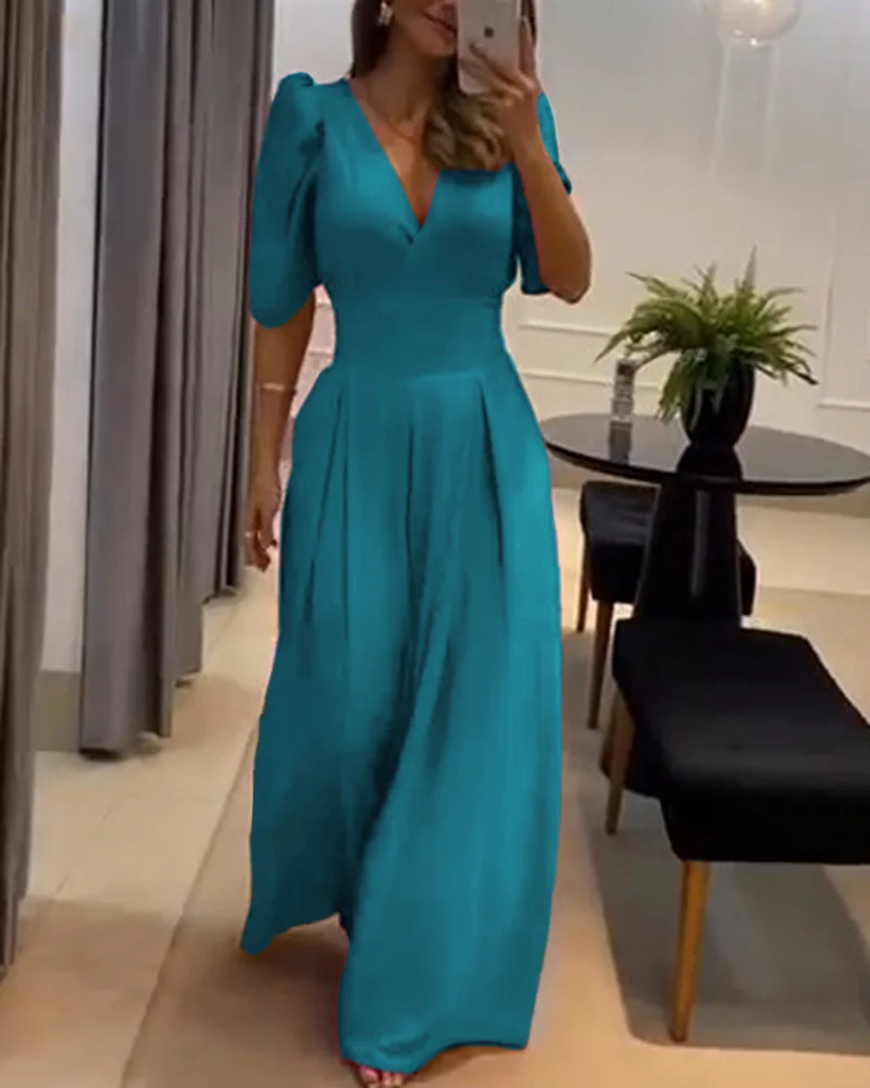 Women Puff Sleeve Wide Leg Flared Jumpsuit Chic Fashion Daily High Style Form-fitting V-Neck Elegant Half Sleeve