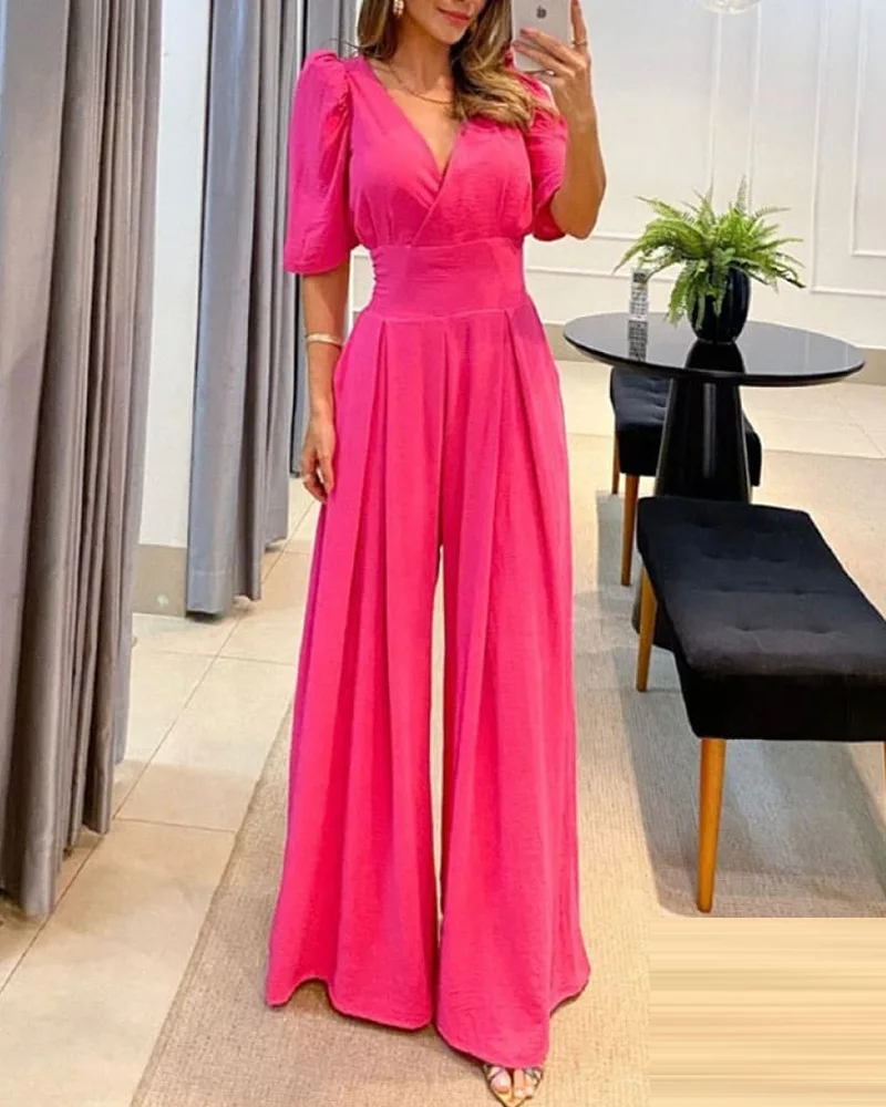 Women Puff Sleeve Wide Leg Flared Jumpsuit Chic Fashion Daily High Style Form-fitting V-Neck Elegant Half Sleeve