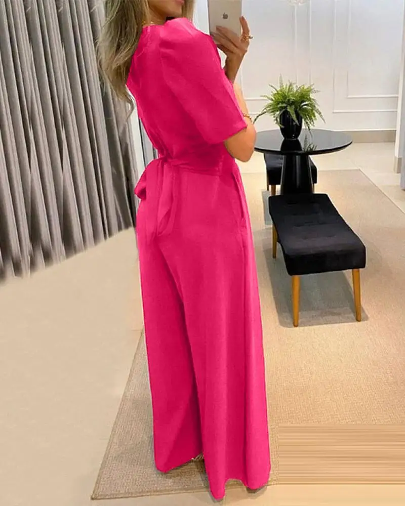 Women Puff Sleeve Wide Leg Flared Jumpsuit Chic Fashion Daily High Style Form-fitting V-Neck Elegant Half Sleeve