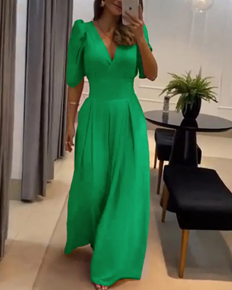 Women Puff Sleeve Wide Leg Flared Jumpsuit Chic Fashion Daily High Style Form-fitting V-Neck Elegant Half Sleeve