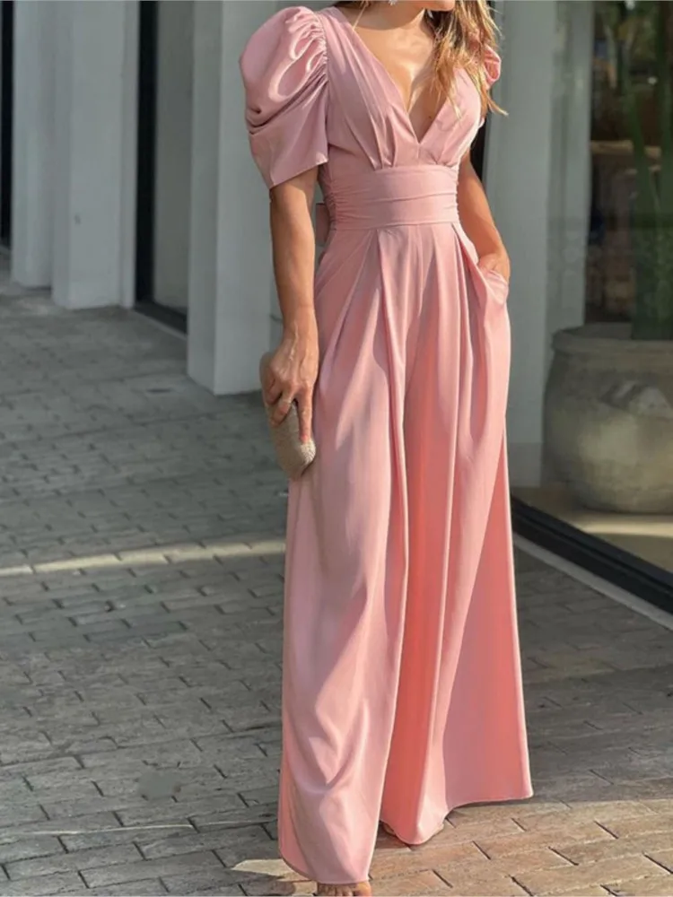 Women's New Fashion Solid Color Full Sexy Clothing V-neck High Waist Loose Wide-leg Jumpsuits Playsuit