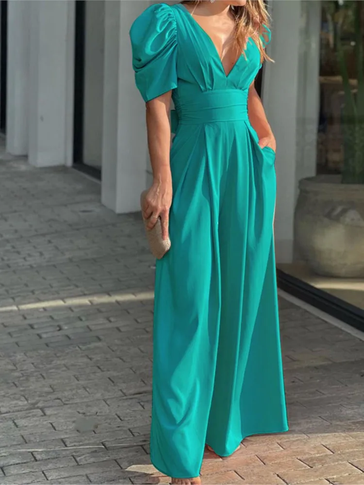 Women's New Fashion Solid Color Full Sexy Clothing V-neck High Waist Loose Wide-leg Jumpsuits Playsuit